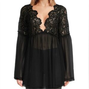 Free People Magdalene Black Sheer Crochet Lace Top Witchy Fairy Goth Sexy Small